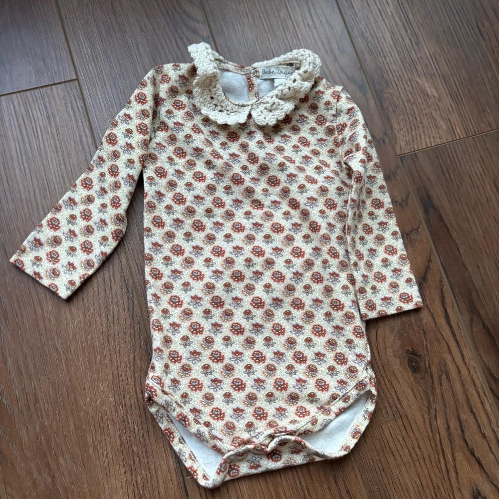 Long-Sleeve Floral One-Piece Bodysuit with Lace Collar - Cream & Rust